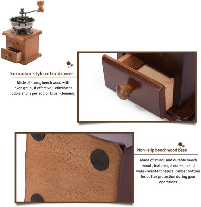 Eitonbu Wooden Manual Coffee Grinder Vintage Style Hand Coffee Mill Burr Coffee Grinder with Ceramic Hand Crank,Wooden Manual Coffee Grinder Cleaning Brush (Light Brown Upgraded Version) - Image 3